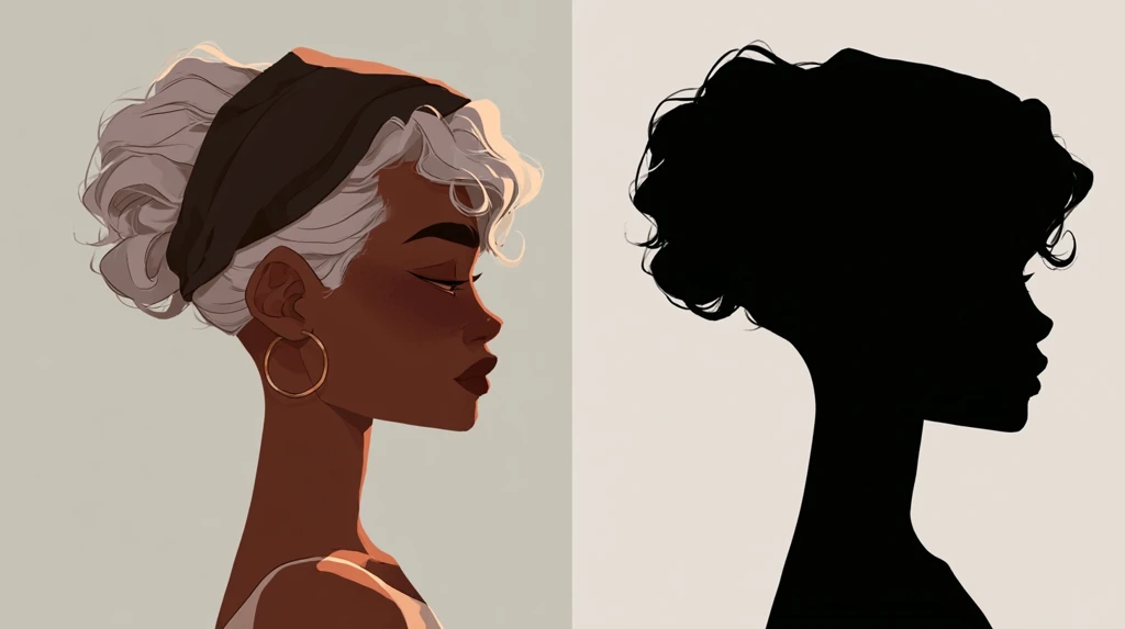 A cartoon portrait shown in full colour beside the same image as a black silhouette