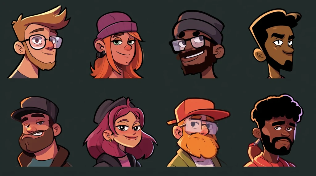 Grid of six stylised cartoon character portraits in different illustration styles