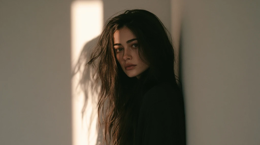 Soft overcast window light falling on a person standing beside a plain wall
