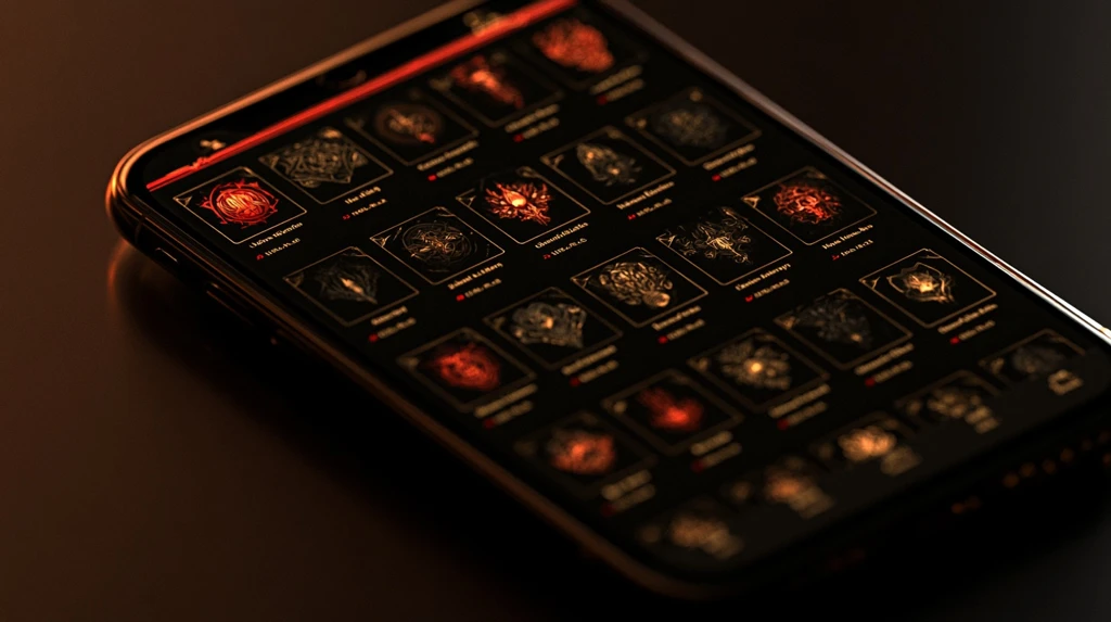 Dark mobile game guild browser list with glowing emblem icons and member counts