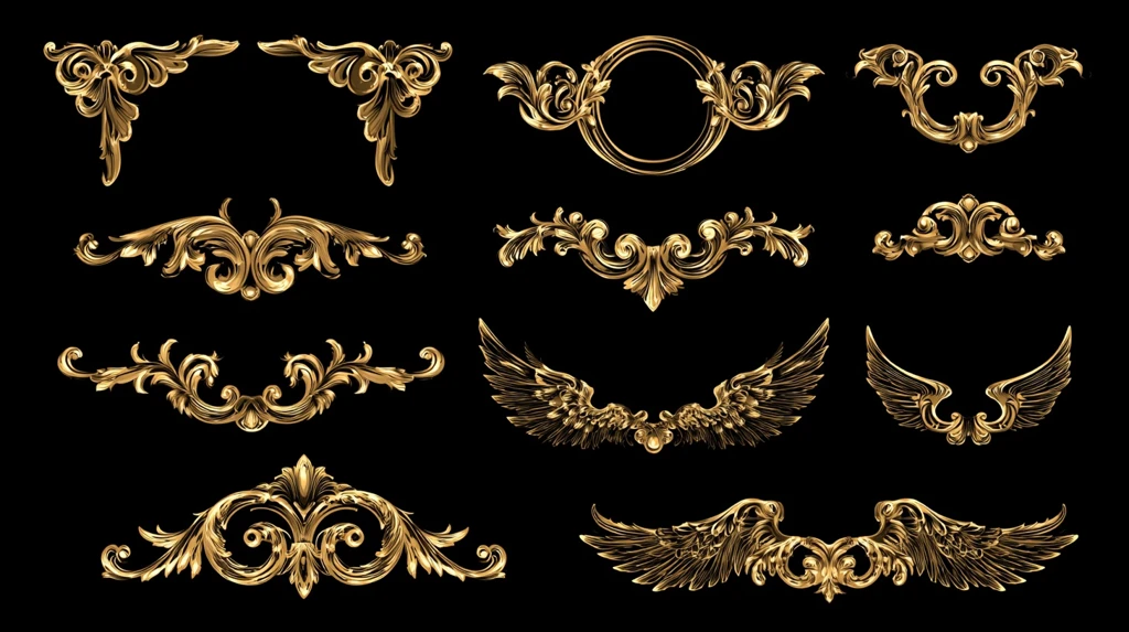 Ornate decorative bracket frames and wing ornaments glowing gold on black