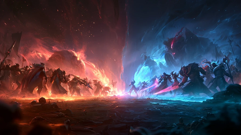 Two mobile esports squads facing off on a dark battlefield with glowing team auras