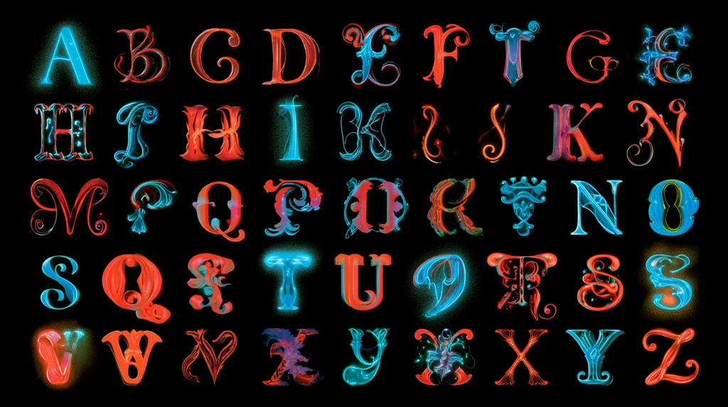 Alphabet letterforms shown in many decorative Unicode styles glowing on black