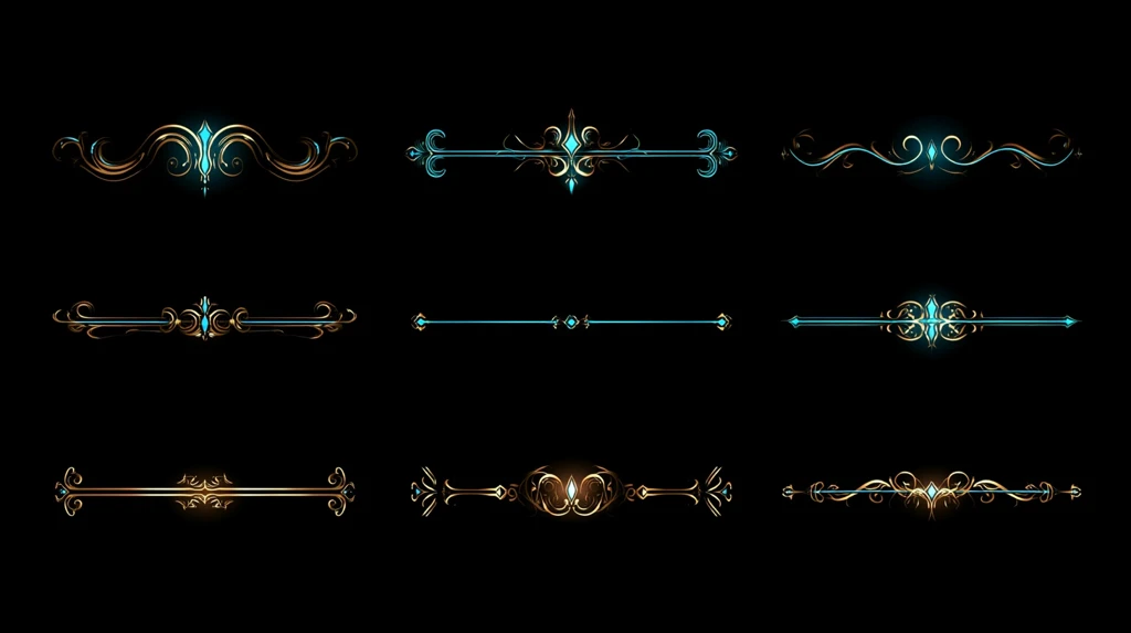 Ornate separator glyphs and flourishes glowing gold and cyan on black