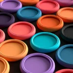 Grid of circular profile picture frames in bold colours on a dark background