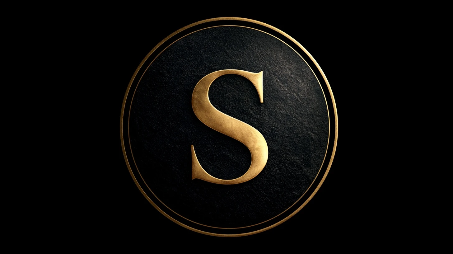 Bold gold letter S monogram inside a dark circular frame