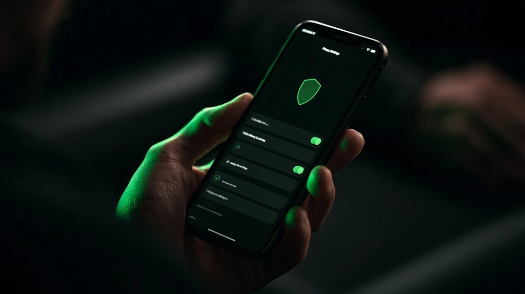 Smartphone showing a dark privacy settings screen with toggles and a shield icon